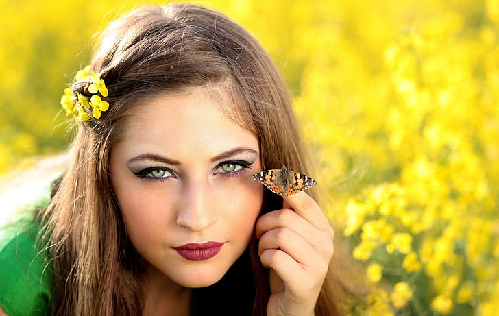 Dziewczyna, Motyl, obóz, kwiaty, żółty, piękno, Natura