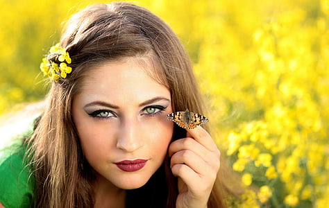 djevojka, leptir, Kamp, cvijeće, žuta, ljepota, priroda
