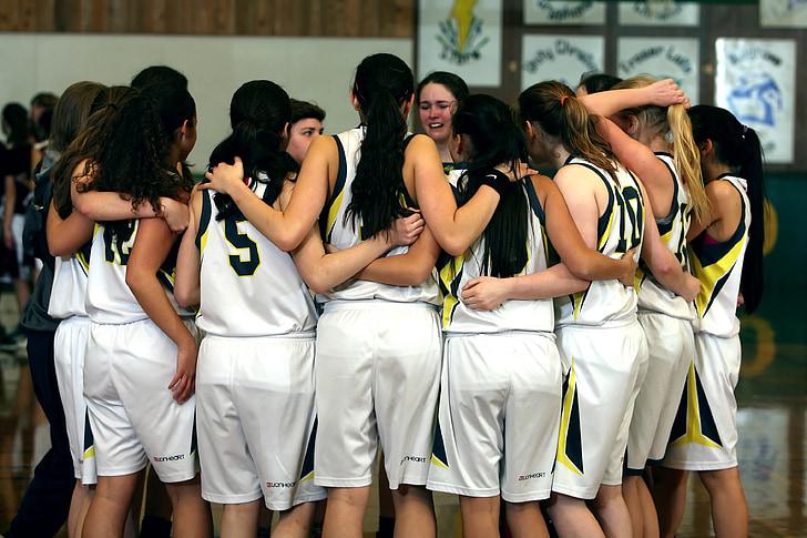 team, flickor i basket, flickor, basket, idrott, grupp, tillsammans