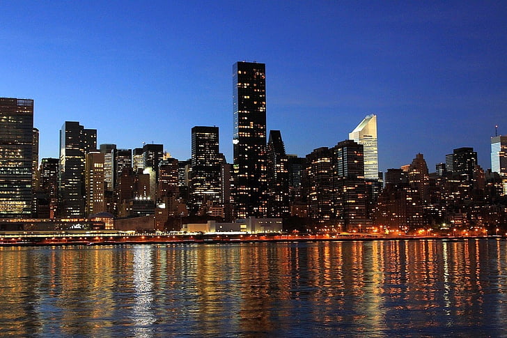 photo, night, City, skyline, dusk, skyscraper, reflection