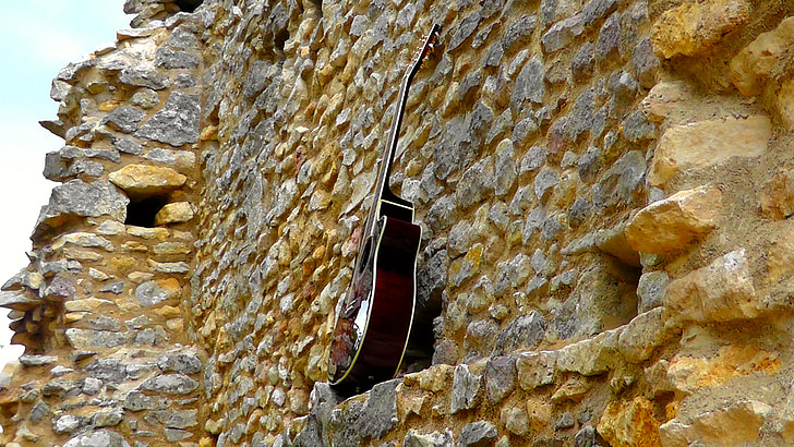 guitar, wall, instrument, acoustic guitar, musical instrument, stone wall