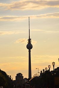 tour de télévision, Berlin, moyen, capital, coucher de soleil, architecture