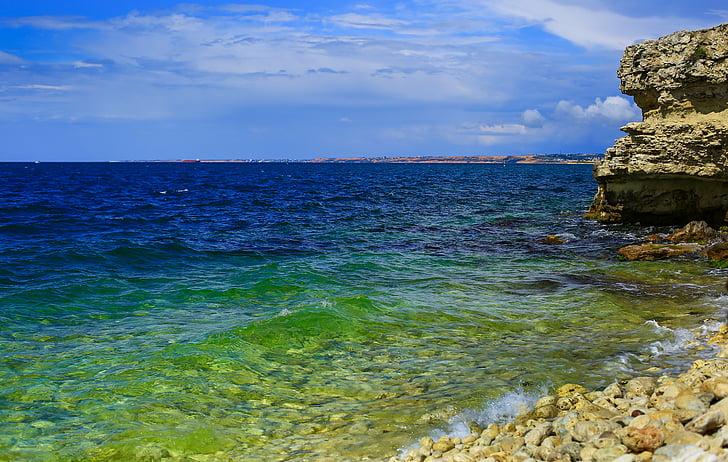Baia, spiaggia, cielo blu, acqua blu, nuvole, Costa, Costa