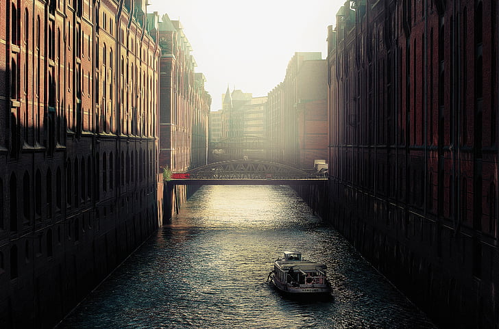 kanal, vatten, Hamburg, staden, båt, sightseeing, förvaring
