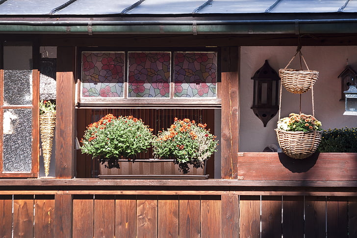 flower boxes, balcony, window sill, balcony plant, flowers, wood paneling, glass window