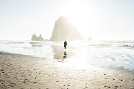 persona, caminando, orilla del mar, durante el día, Playa, Océano, puesta de sol