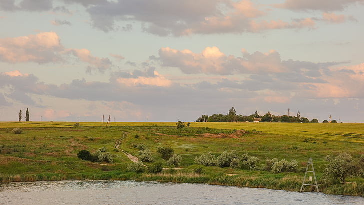 field, lake, landscape, sky, evening
