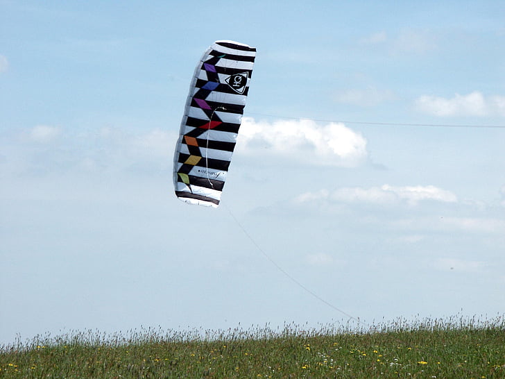kite, fly, dragon, sky, blue, clouds, meadow