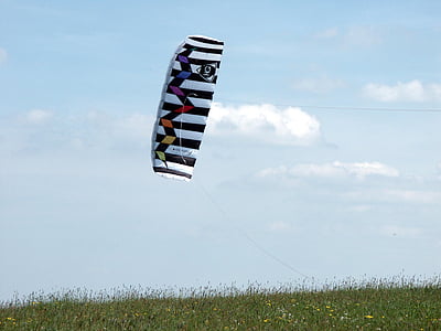 kite, fly, dragon, sky, blue, clouds, meadow
