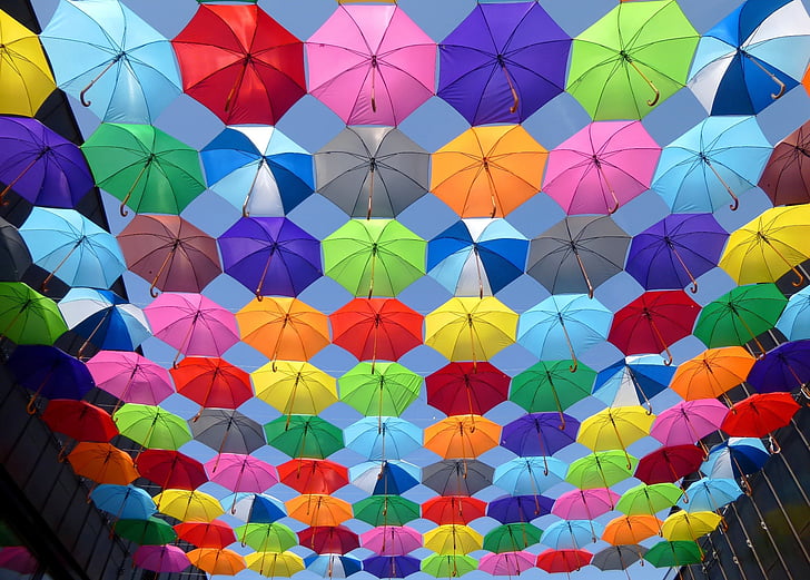 Cor, guarda-chuva, vermelho, amarelo, azul, roxo, céu azul