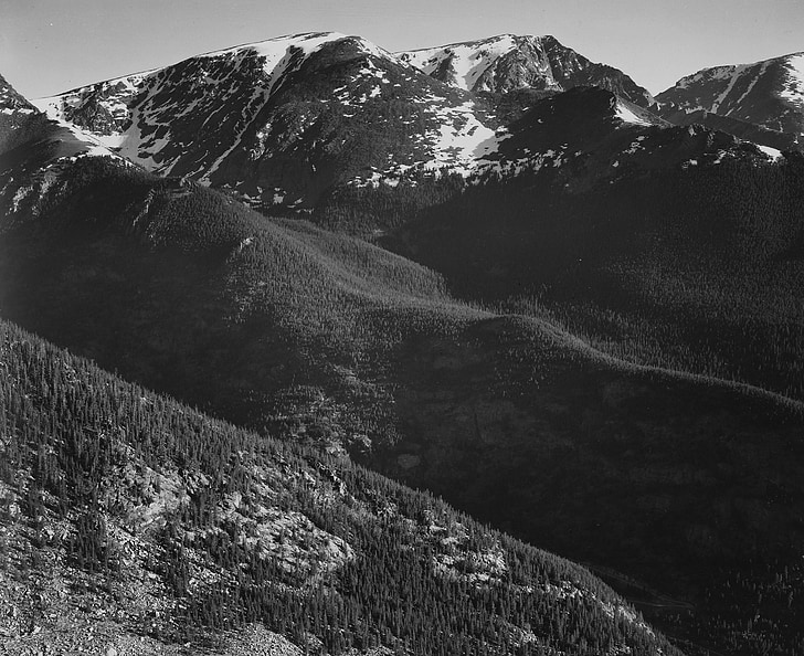 Montanhas Rochosas, Colorado, neve, Vale, ravina, paisagem, preto e branco