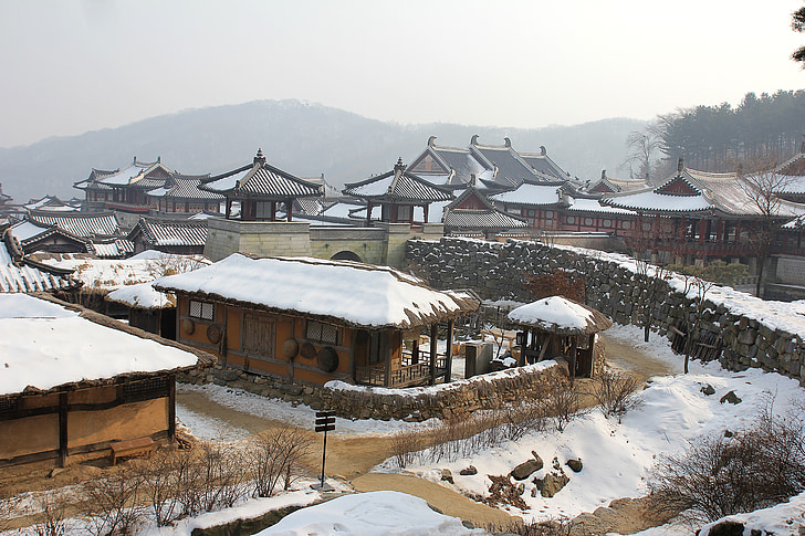 korean village snow, traditional village, korea, folk, village, snow, winter