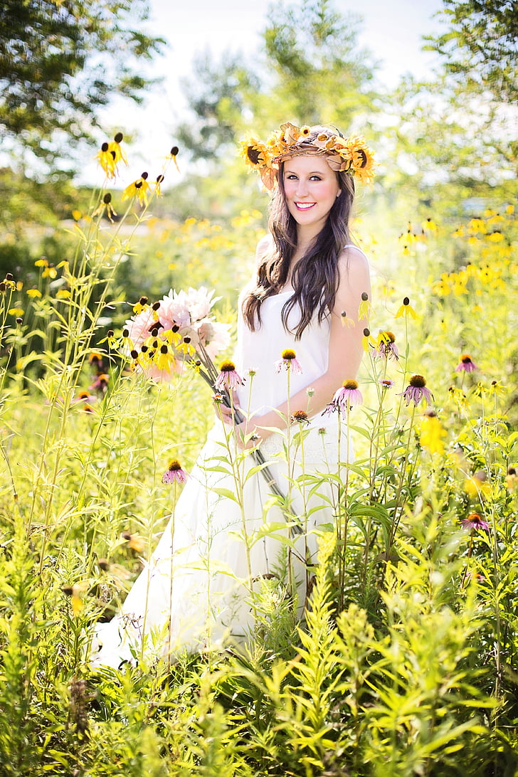 pretty woman, wildflowers, summer, nature, happy, happiness, field