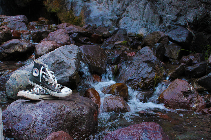 shoes, converse, rocks, cataract, water, current, nature