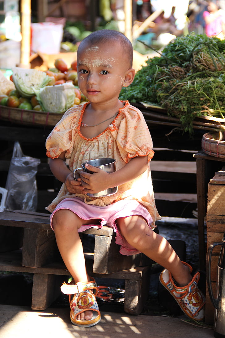 pasar, Myanmar, Myanmar, kios pasar, pasar rempah-rempah, anak, orang-orang