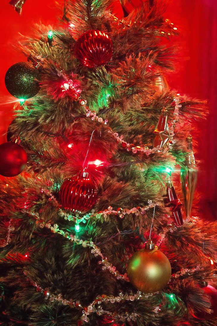 christmas tree, red, green, lights, xmas, decoration, holiday