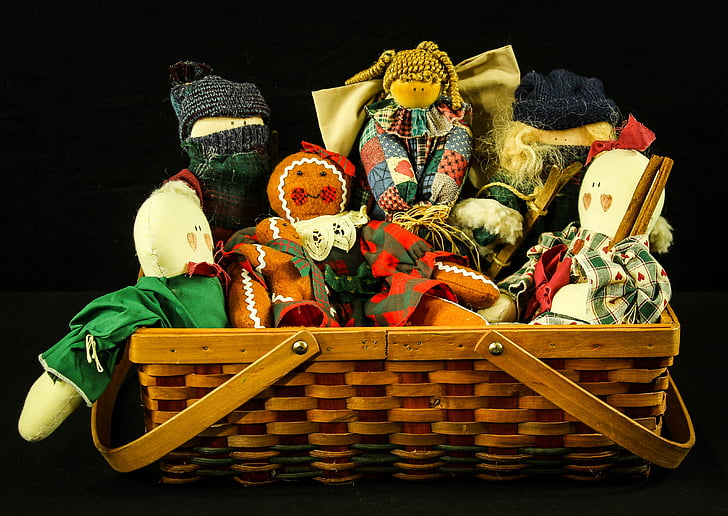 handrové bábiky, hračky, primitívne bábiky, ľudové umenie, Kôš, Nákupný košík, pletenie košíka
