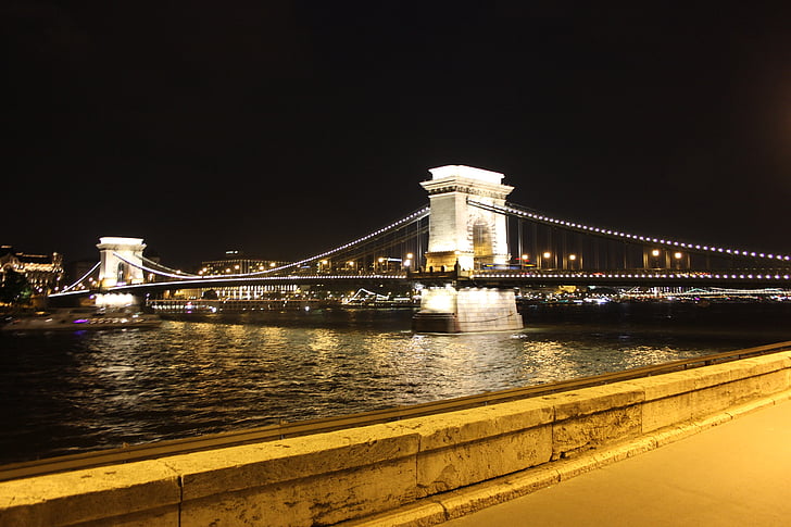 budapest, bridge, hungary, building, architecture, at night, river
