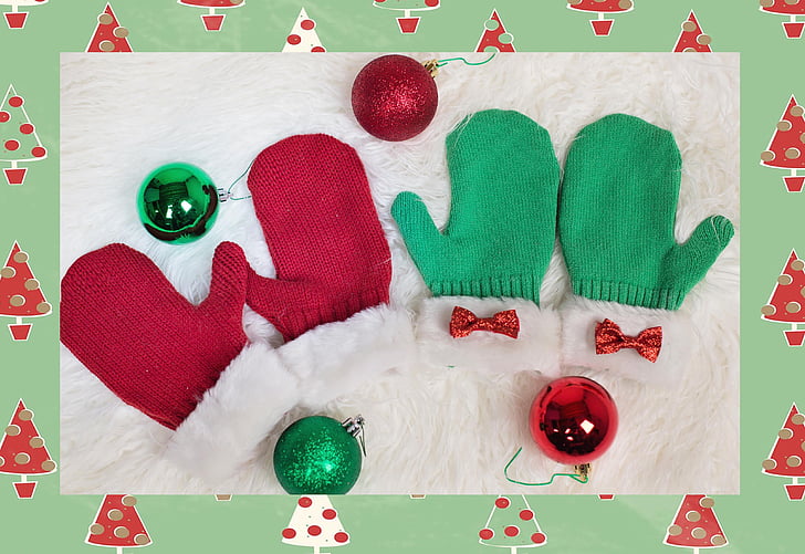 γάντια, Χριστούγεννα γάντια, κόκκινο, πράσινο, Χριστούγεννα, Χειμώνας