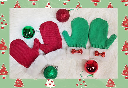 rękawiczki, Boże Narodzenie rękawice, czerwony, zielony, Boże Narodzenie, zimowe