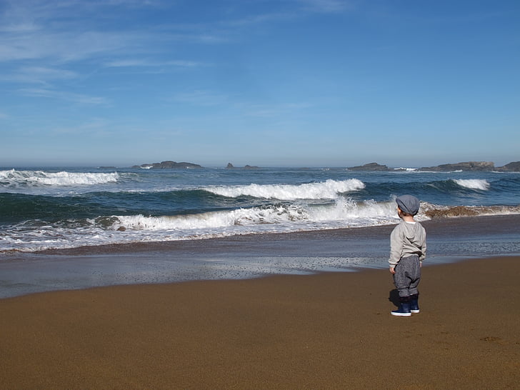 child, sea, childhood, sun, beach, wave, rear view