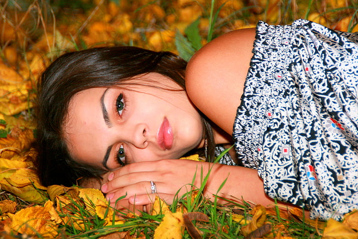 girl, leaves, yellow, autumn, vegetation, nature, beauty