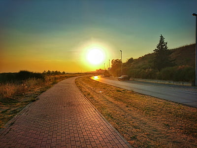 走了, 道路, 太阳, 日落, 天空, 绿松石, 黄色