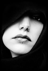 оттенки серого, Фото, женщина, для губ, пирсинг, покрыты, Худ