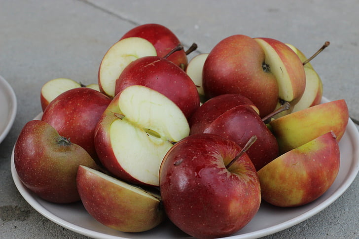 Apple, fruta, rebanadas de manzana, alimentos, rojo, frutas, placa de