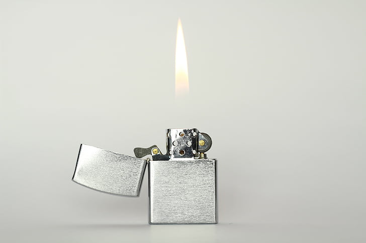 stainless, steel, flip, top, fire, Lighter, flame on