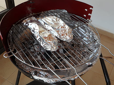 griglia, barbecue, griglia a carbone, foglio di alluminio, pranzo, grigliate di pesce, grigliare