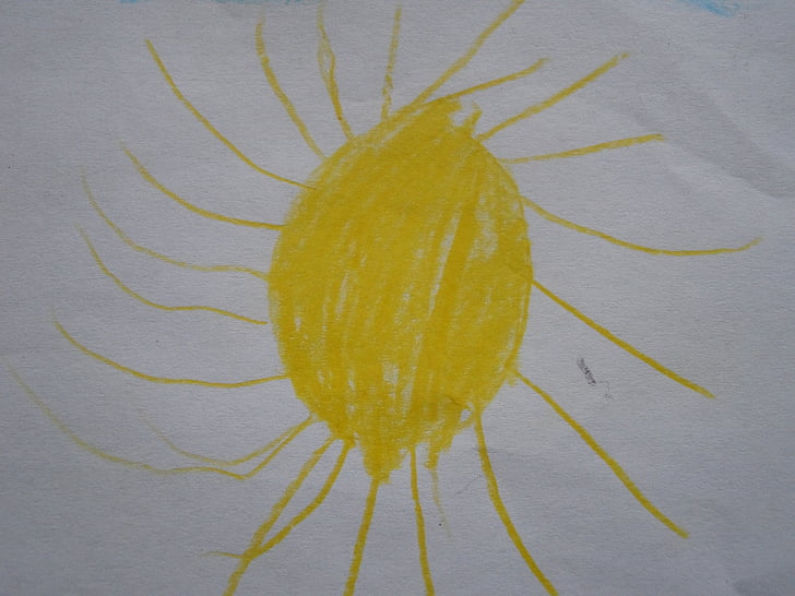 saule, bērnu zīmējumu, rakstzīmju attīstībai, dzeltena, saulains, vasaras, Pavasaris