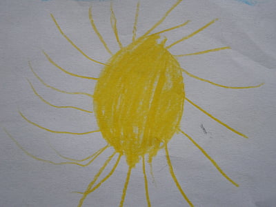 Saulė, brėžinys vaikams, charakterio ugdymui, geltona, saulėta, vasaros, pavasarį