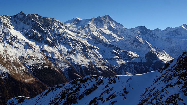 Vista aérea, Anniviers val, Suíça, montanha, neve, Cordilheira, montanhas cobertas de neve