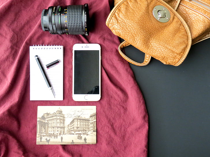 Viaggi, stile di vita, fotografo, fotocamera, telefono, blocco note, Notebook