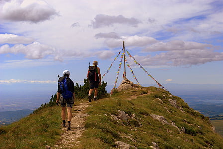 hiking, walk, trail, mountain, top, summit, flags