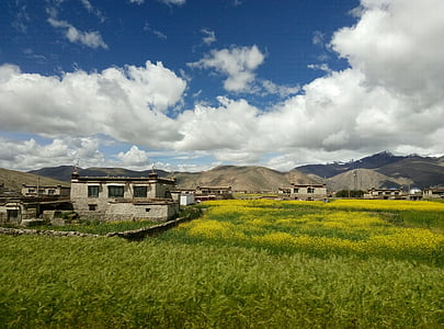 scenery, building, sky, nature, mountain, agriculture, rural Scene
