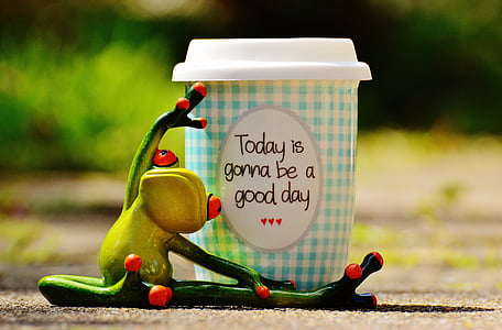 graži diena, džiaugsmas, varlė, kavos, puodelis, laimingas, laimės