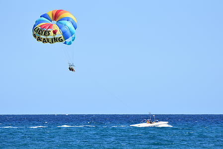 parasailing, sports, sea, ocean, action, horizon, parachute