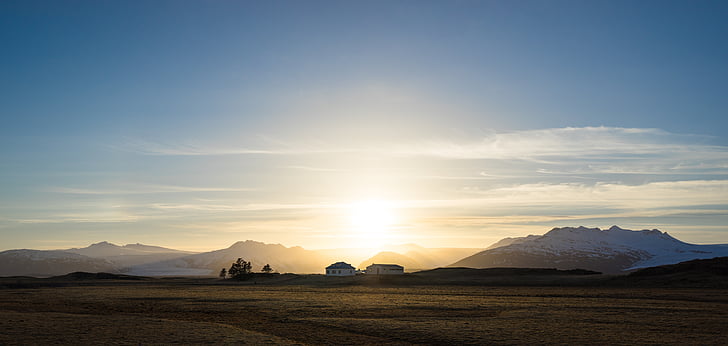 landscape, house, farm, sunlight, evening, sunset, scenic