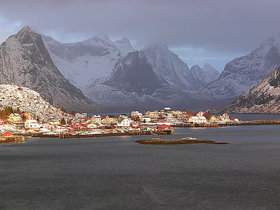 Норвегия, Reine, Лофотен, море, къща, планински, сняг
