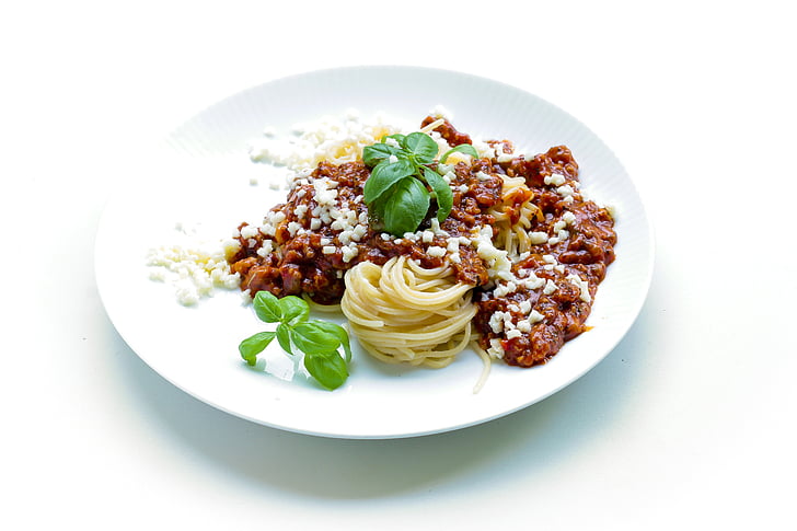 pasta, basil, dinner, spaghetti, tasty, luncheon, an italian dish