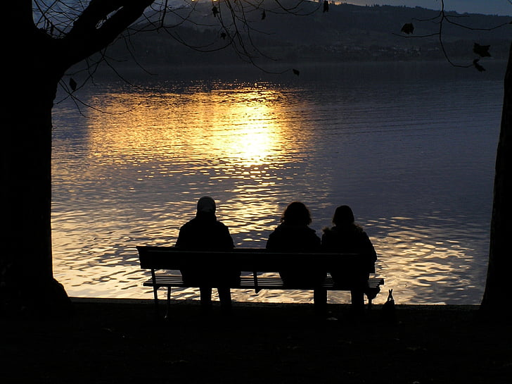 human, bank, rest, sunset, lake, in the evening, mood