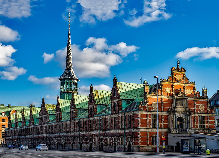 Copenaghen, Danimarca, città, urbano, cielo, nuvole, stock exchange