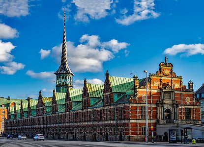 Copenhague, Dinamarca, ciudad, urbana, cielo, nubes, bolsa de valores de