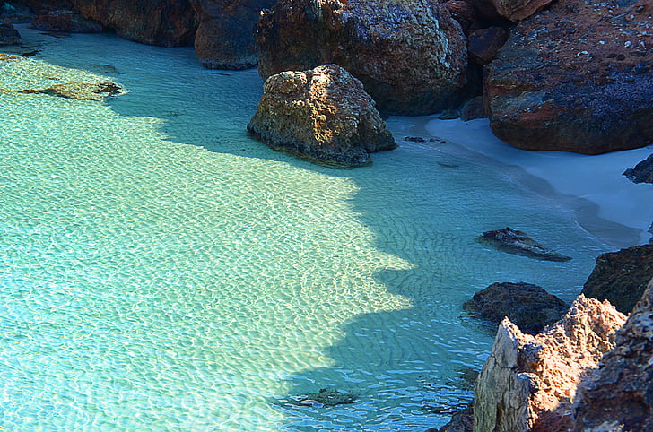 rotsen, strand, zand, u zwemmen, Ibiza