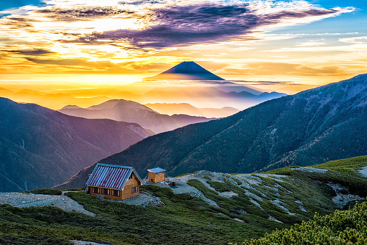 Mt fuji, Asahi, 小河内岳避難小屋, alps del Sud, llum, Japó, muntanya