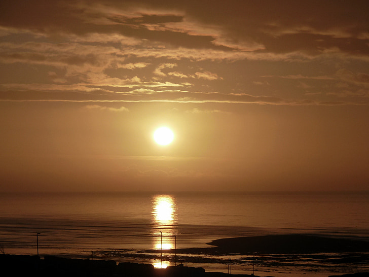 puesta de sol, bronce, Crepúsculo, paisaje marino, luz, sepia