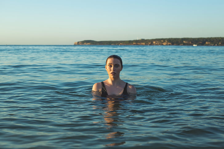 photo, woman, black, swimming, attire, water, sea