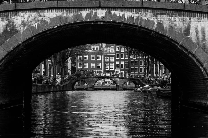 Amsterdam, melna, balta, tilts, ūdens, kanāls, mājas, Holande